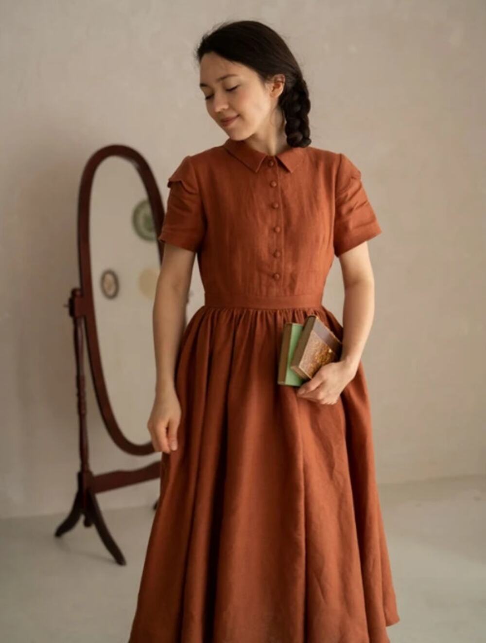 Little Women Atelier Joe Dress Cottagecore Rust Linen Dress Belted S